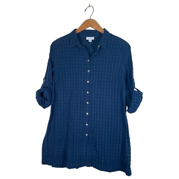 J.Jill Women Size M Navy Blue MOP Button Front Top Tab 3/4 Sleeve Texture Fabric - Picture 9 of 12
